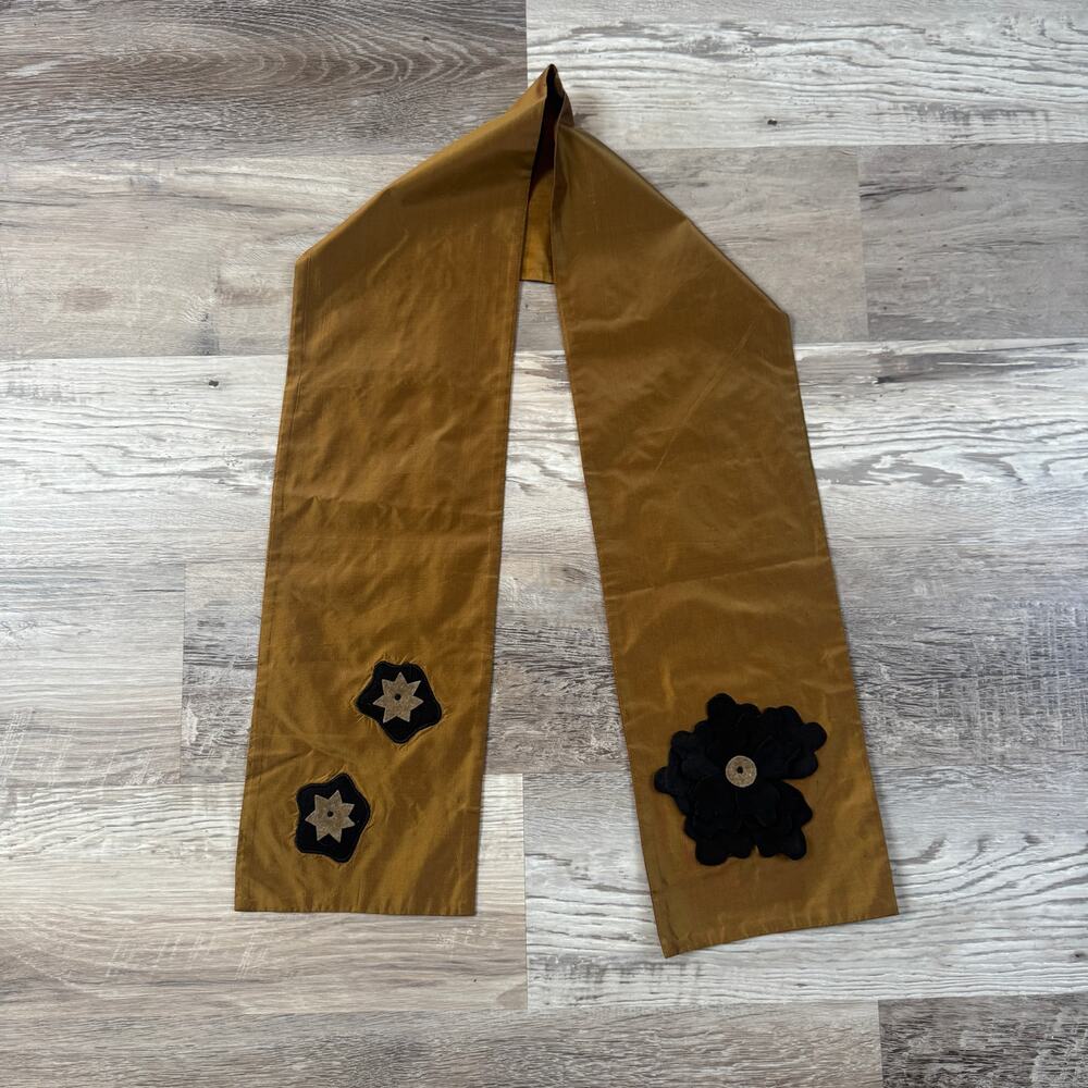 Longchamp Paris Silk Skinny Scarf Mustard Gold Floral Applique Art to Wear Boho